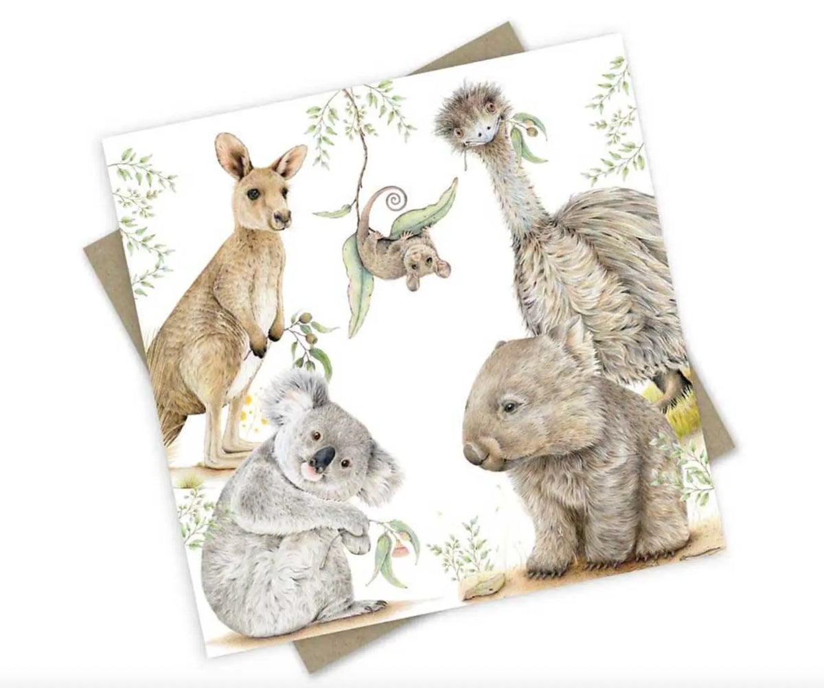 Bush Friends Greeting Card – Kangaroo, Emu, Koala, Wombat & Pygmy Possum Australian Wildlife Hub